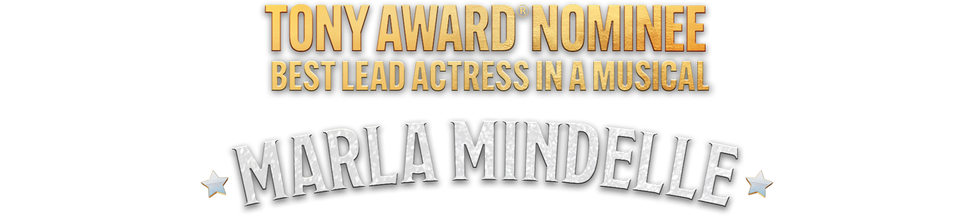 Text graphic reading: Tony Award Nominee, Best Lead Actress in a Musical, Marla Mindelle, with decorative stars on each side of the name.